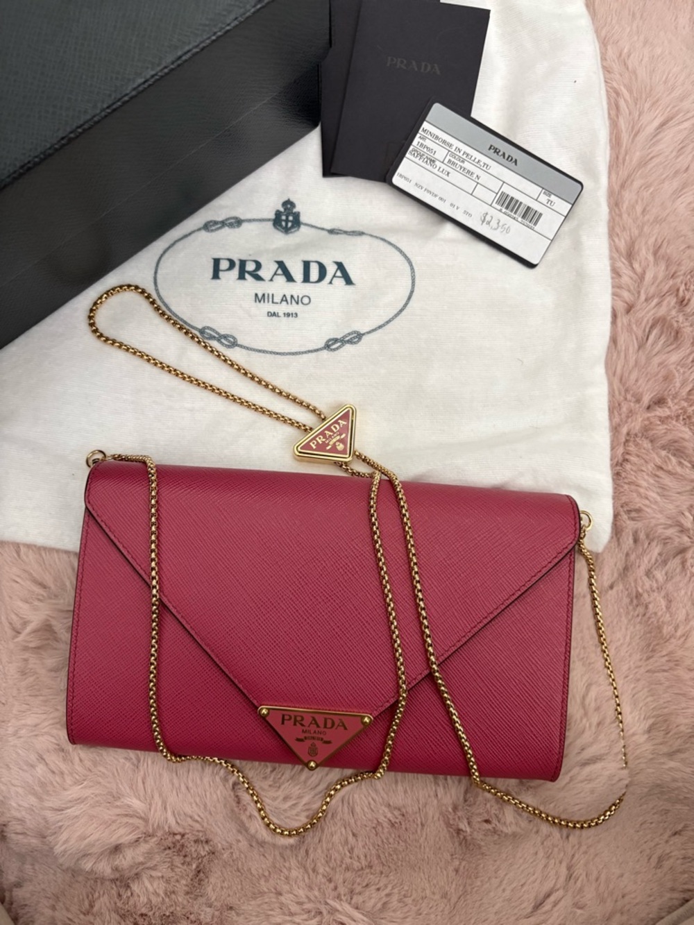 Prada mini Saffiano Leather Envelope Crossbody with Gold Chain